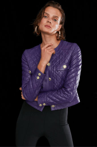 Women's Quilted Leather Trucker Jacket In Violet