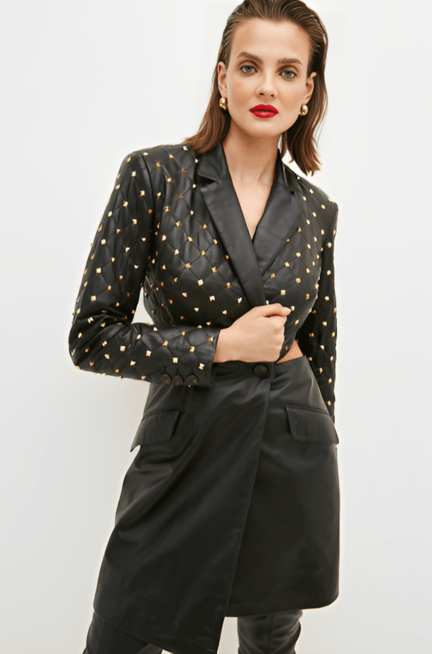 Women's Quilted Studded Leather Blazer In Black