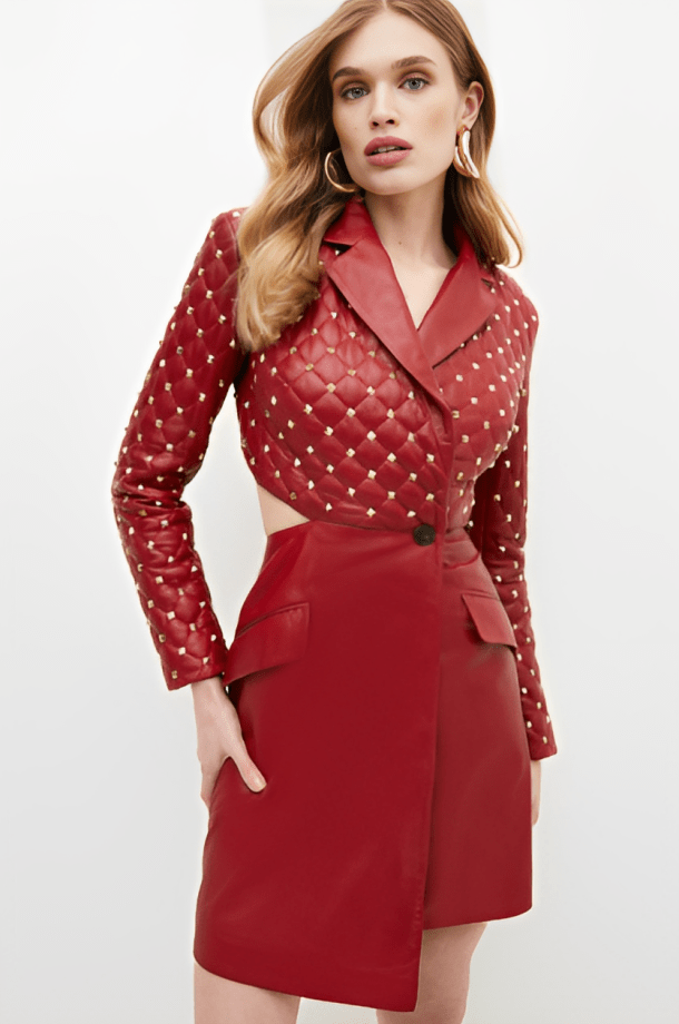 Women's Quilted Studded Leather Blazer In Red