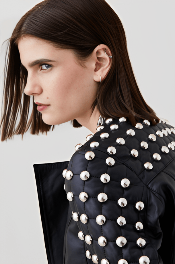 Women's Quilted Studded Leather Jacket In Black