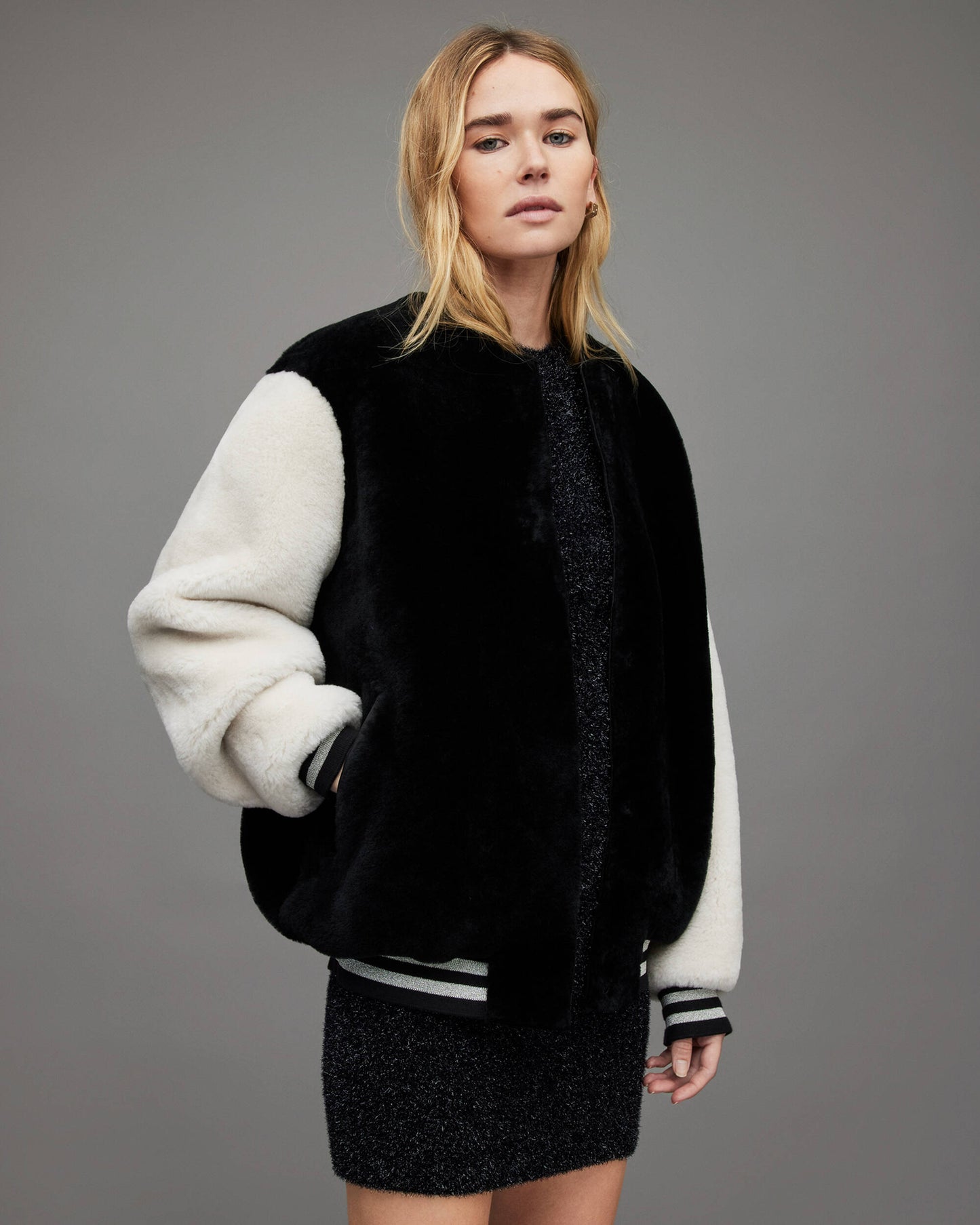 Women's Shearling Bomber Jacket In White & Black