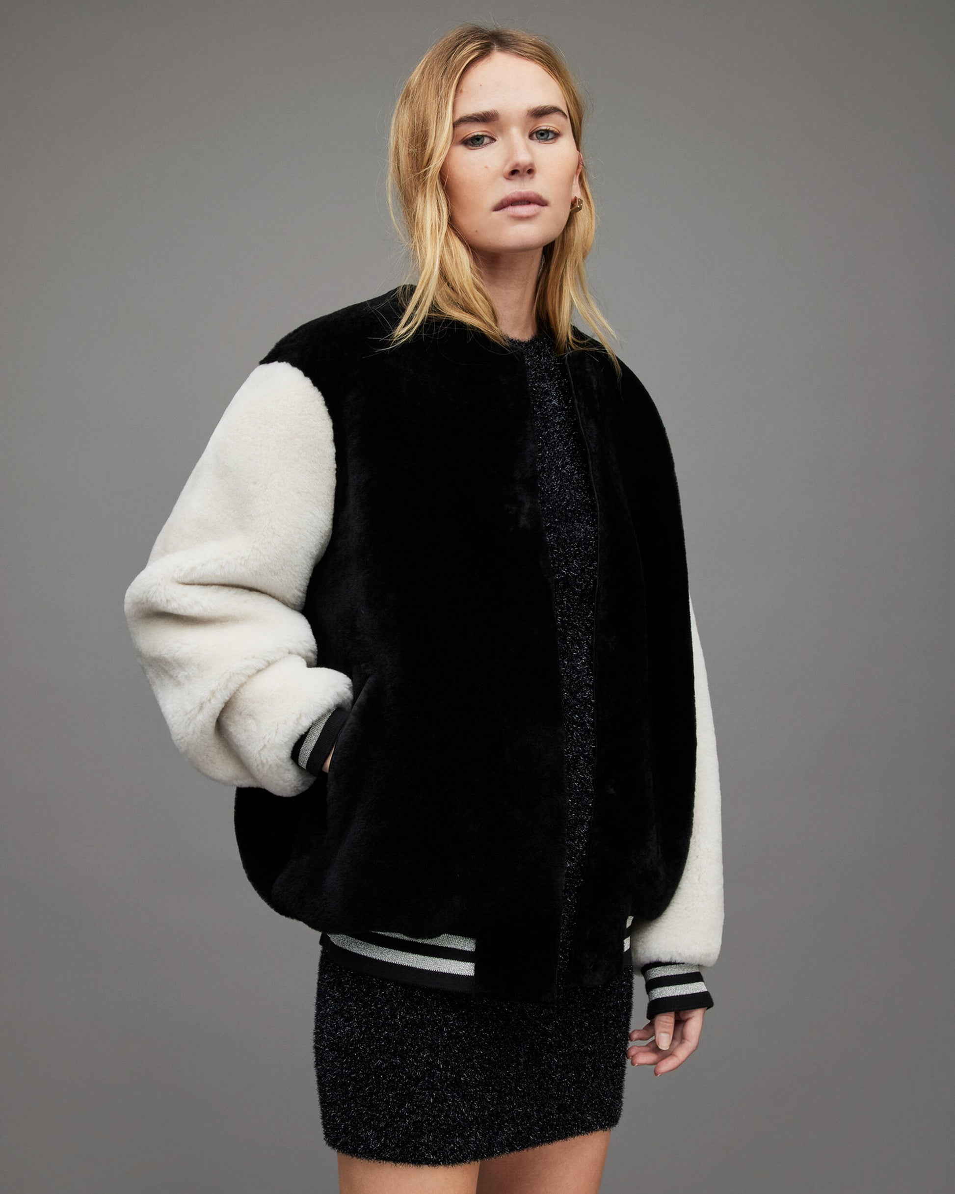 Women's Shearling Bomber Jacket In White & Black