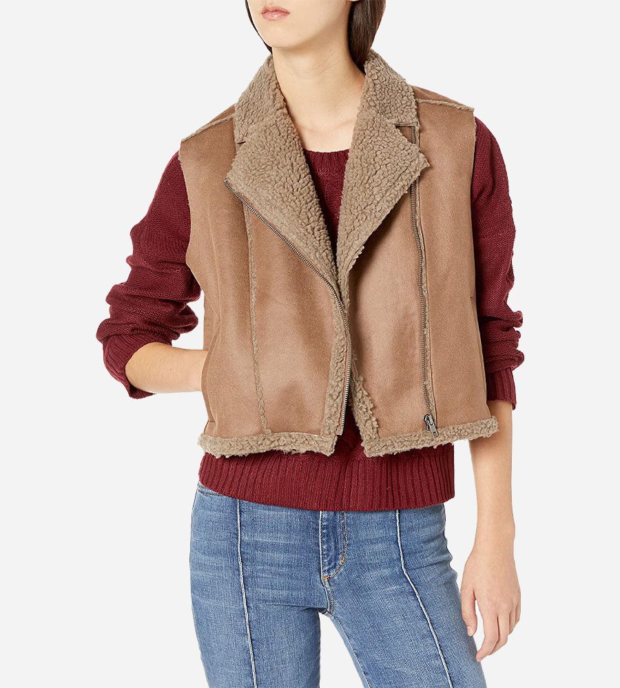 Women's Shearling Leather Biker Vest In Brown