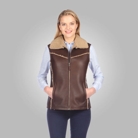 Women's Shearling Leather Vest In Chocolate Brown