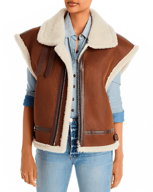 Women's Shearling Leather Vest In Dark Brown