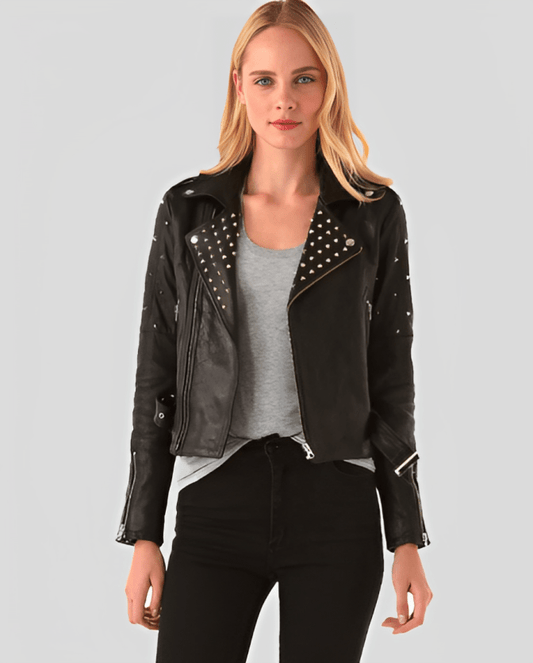 Women's Studded Biker Leather Jacket In Black
