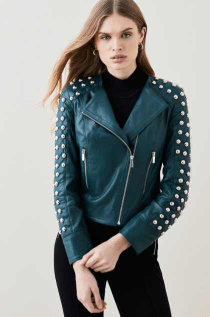 Women's Quilted Studded Leather Jacket In Jade
