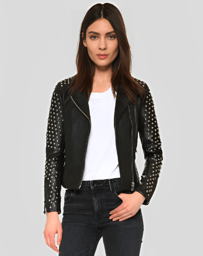 Women's Studded Black Leather Biker Jacket