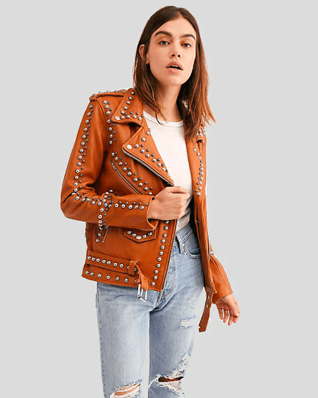 Women's Studded Leather Biker Jacket In Tan Brown