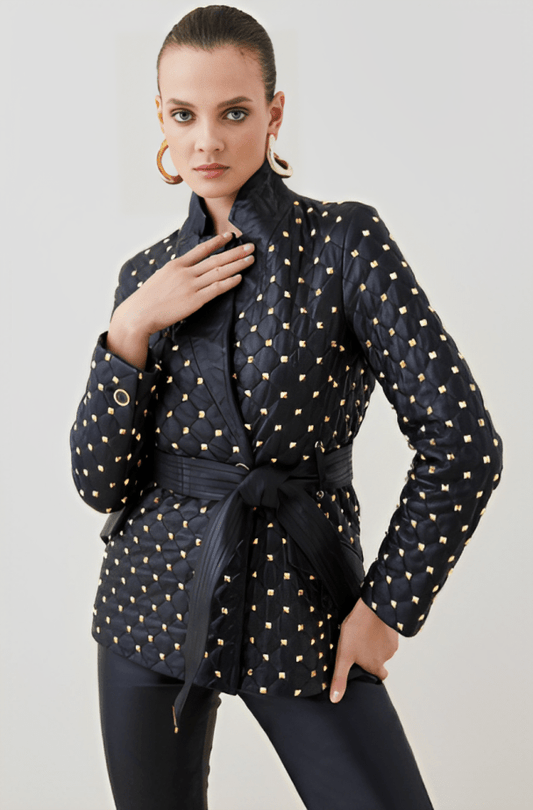 Women's Gold Studded Leather Blazer In Black