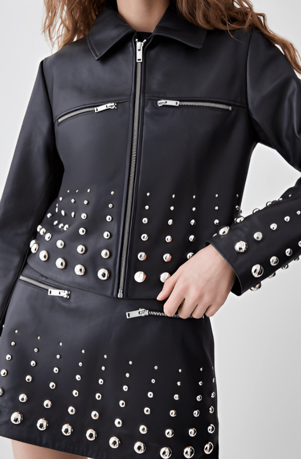 Women's Studded Leather Jacket In Black
