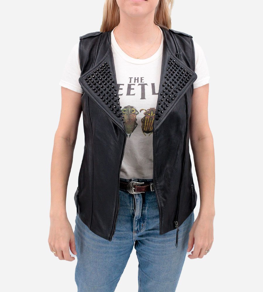 Women's Studded Leather Vest In Black