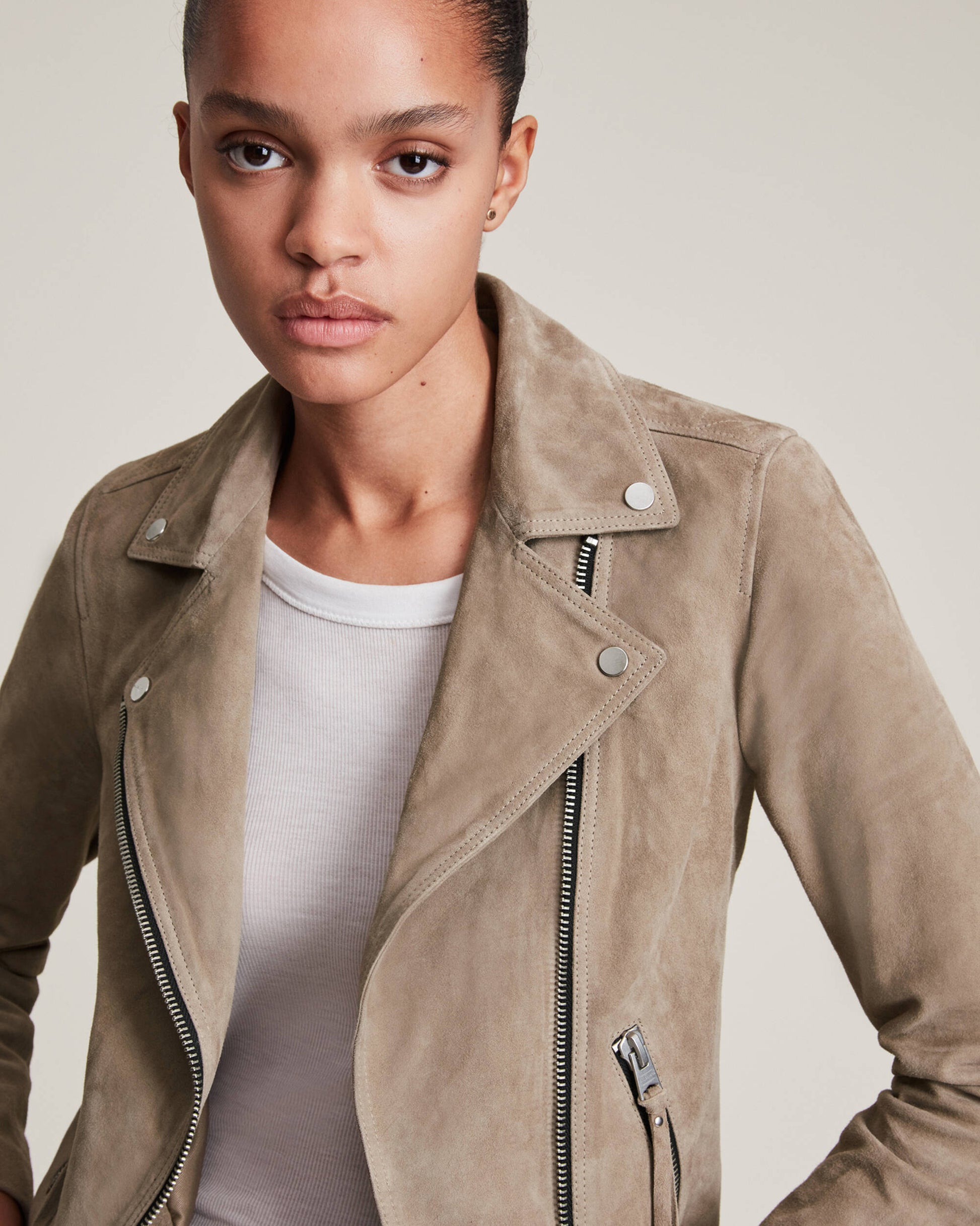 Women's Suede Leather Biker Jacket In Tan Beige