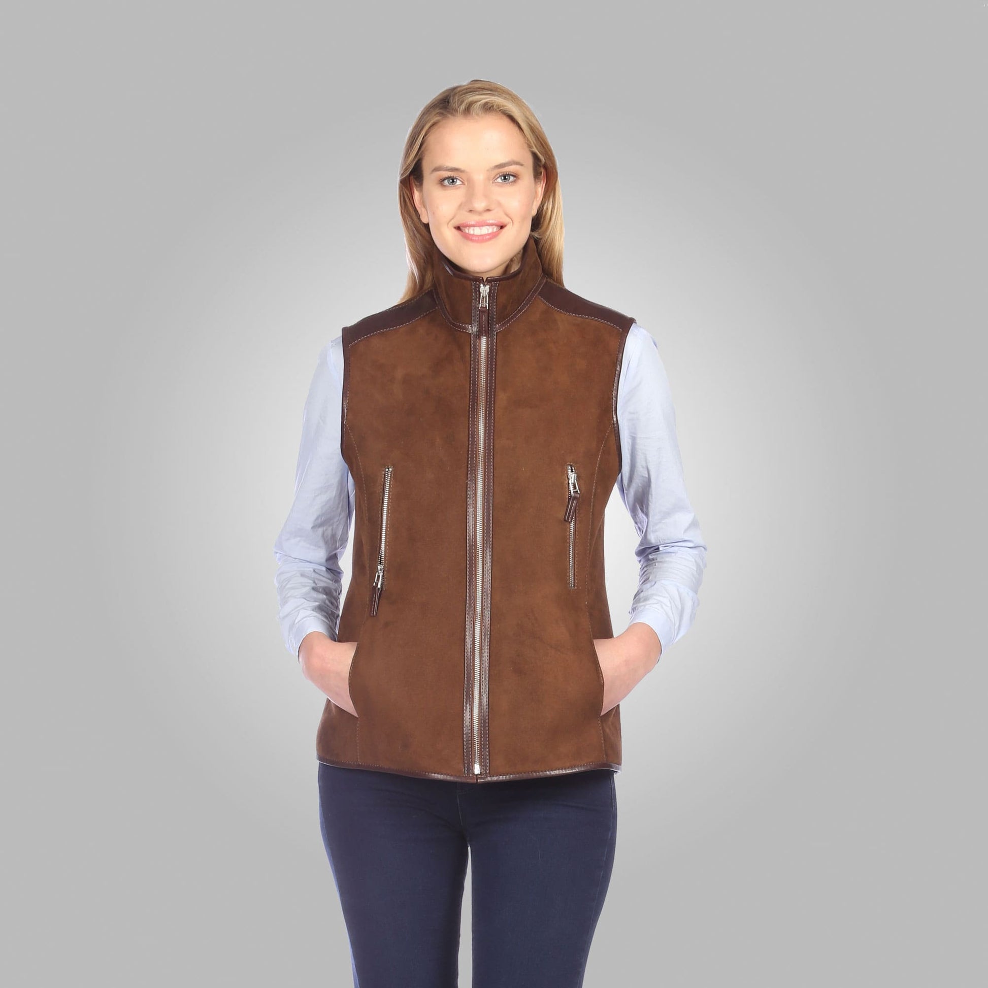 Women's Suede Leather Shearling Vest In Chocolate Brown