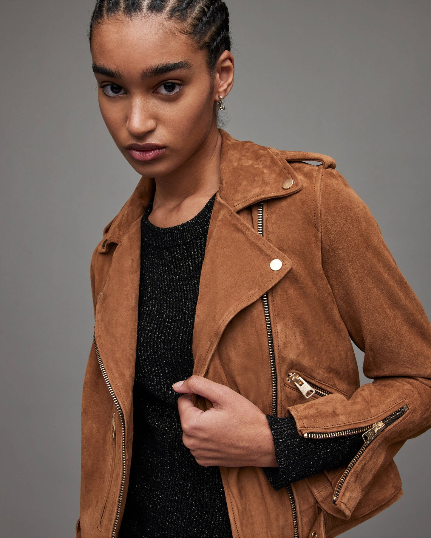 Women's Tan Brown Suede Leather Biker Jacket With Belt