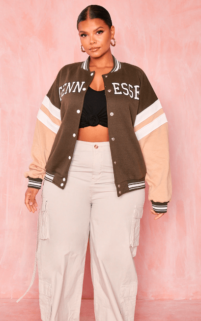 Women's Varsity Bomber Leather Jacket In Brown & Pink Sleeves
