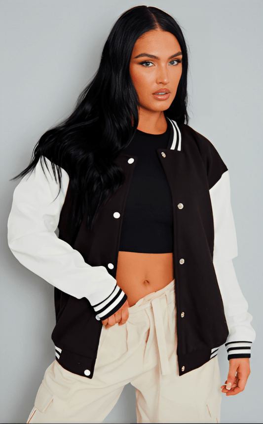 Women's Varsity Leather Bomber Jacket In Black