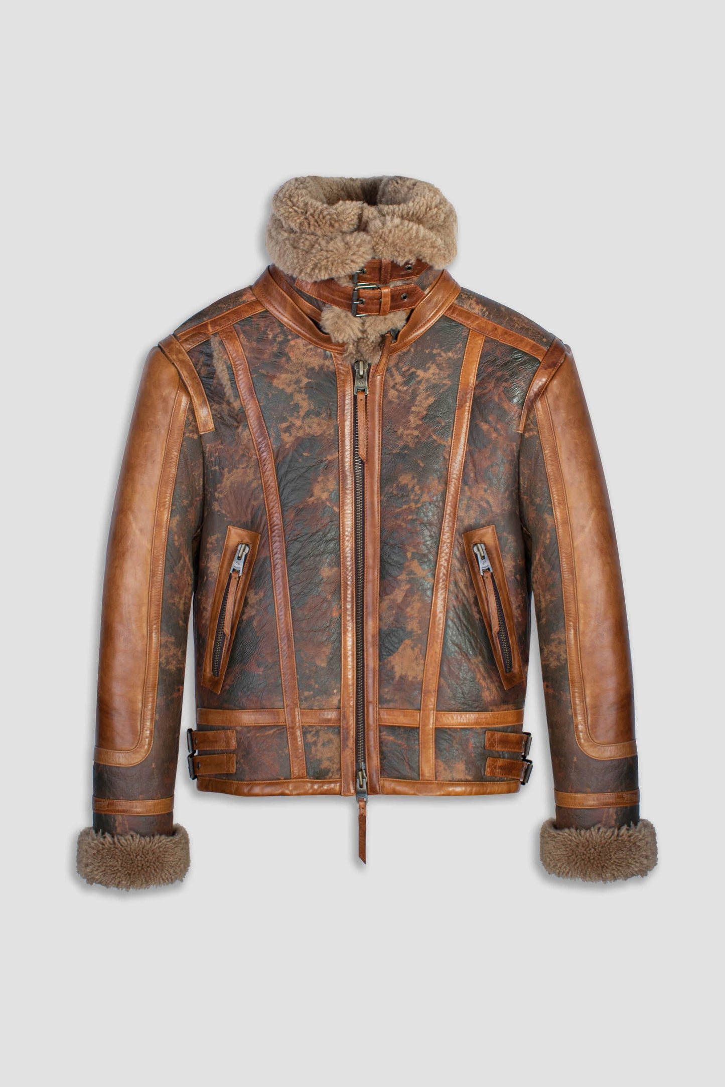 Men's Distressed Sheepskin Leather Shearling Jacket In Dark Brown