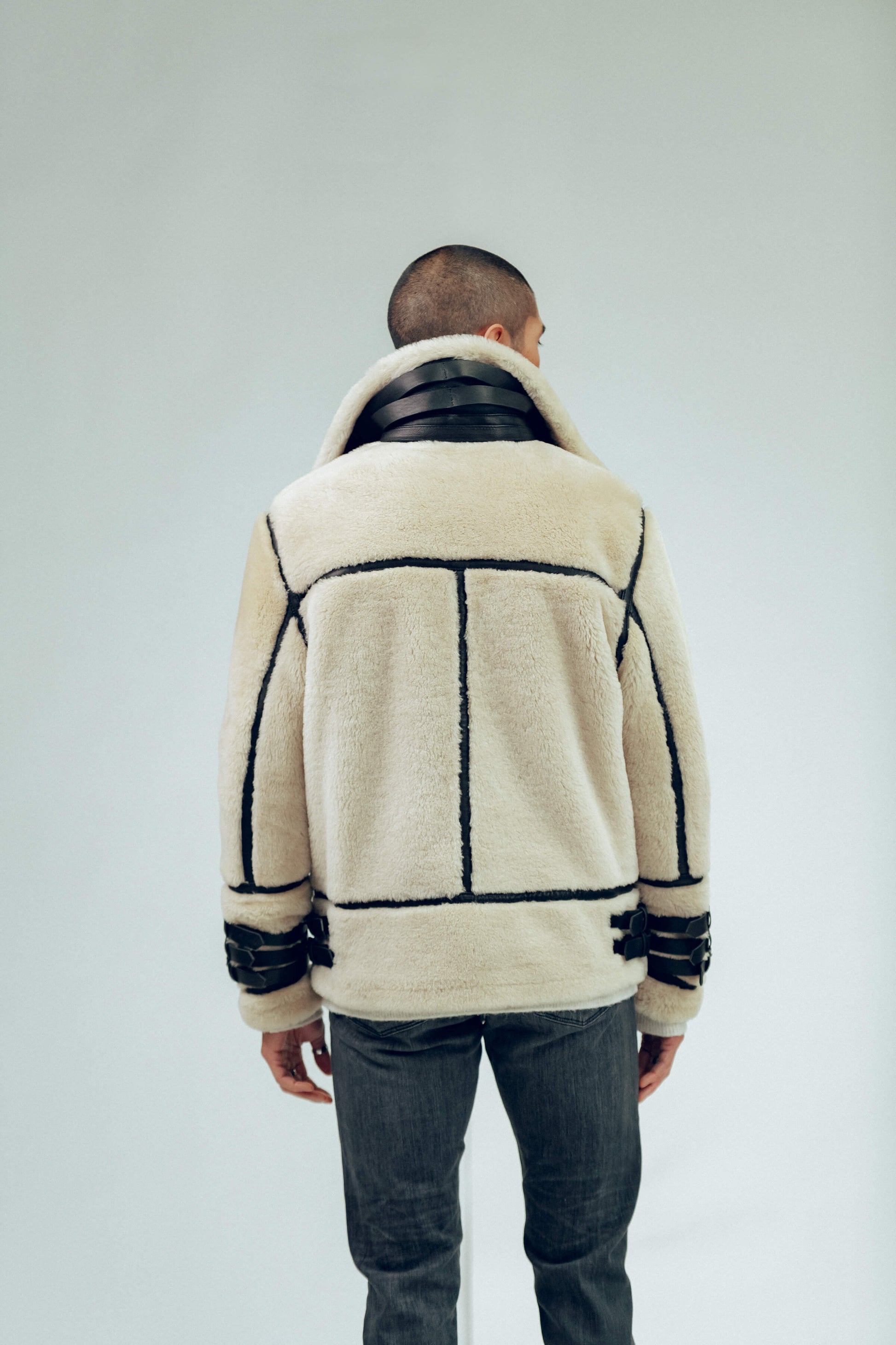 Men's Sheepskin Leather Shearling Jacket In Off White