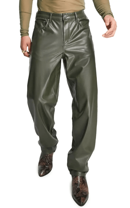 Men's Leather Pant In Khaki