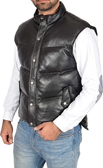 Men's Leather Puffer Vest In Black