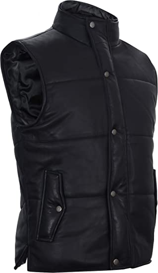 Men's Puffer Leather Vest In Black