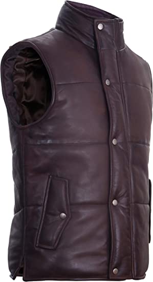 Men's Puffer Leather Vest In Purple