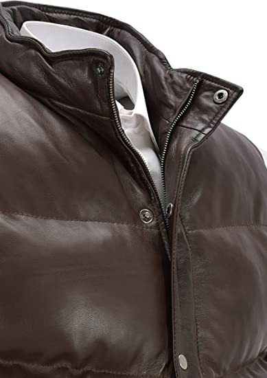 Men's Puffer Leather Vest In Chocolate Brown