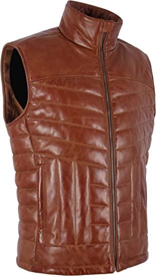 Men's Quilted Puffer Leather Vest In Brown