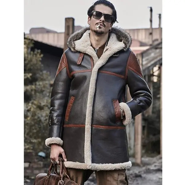 Men's Shearling Leather Coat In Black With Hood