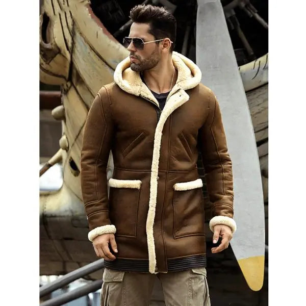 Men's Shearling Leather Coat In Brown With Hood