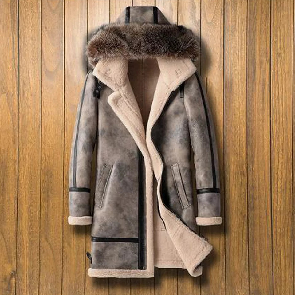 Men's Shearling Leather Coat In Gray With Removable Hood