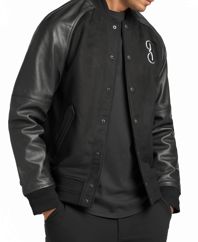 Men's Varsity Bomber Leather Jacket In Black