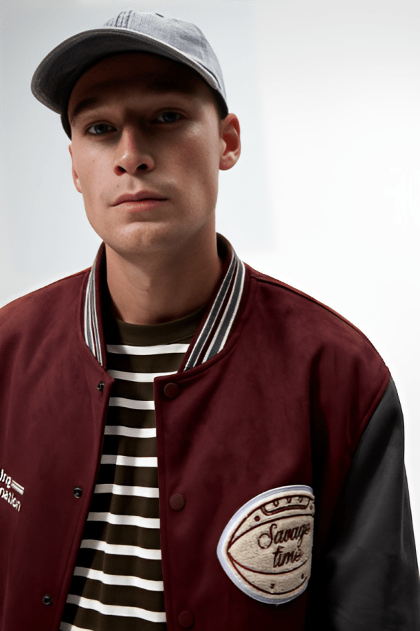 Men's Varsity Bomber Leather Jacket In Red