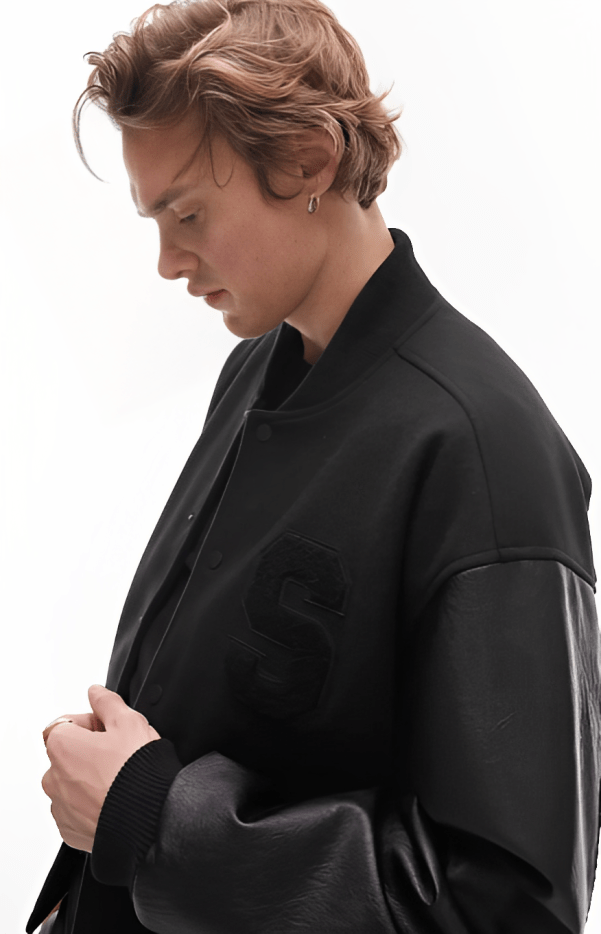 Men's Varsity Leather Bomber Jacket In Black