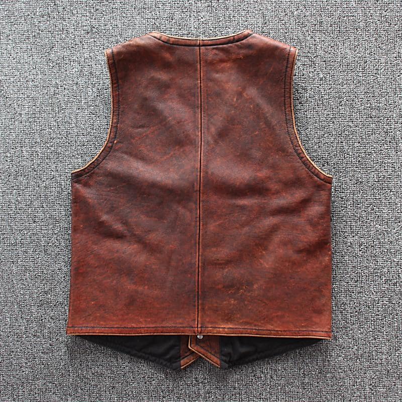 Men's Distressed Leather Vest In Tan Brown