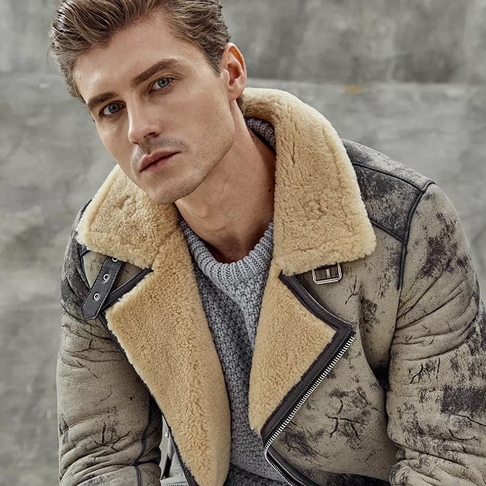 Men’s Distressed Shearling Biker Leather Jacket