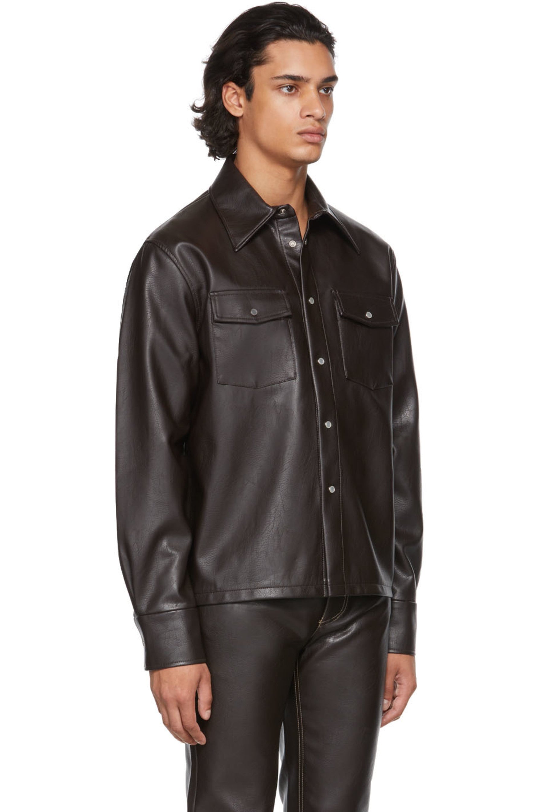 Men's Full Sleeve Black Trucker Leather Shirt