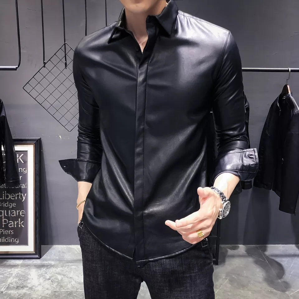 Men's Full Sleeve Trendy Black Leather Shirt