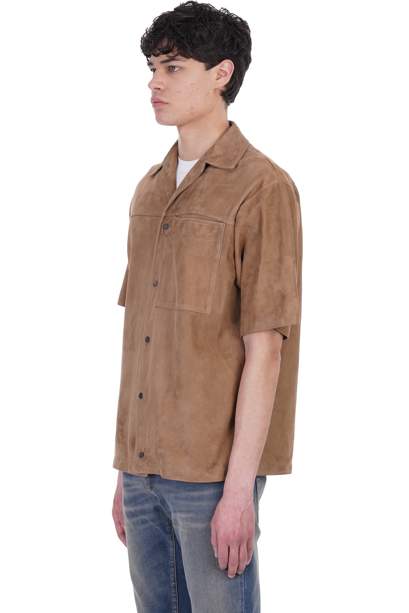 Men's Half Sleeve Suede Leather Shirt In Tan Brown