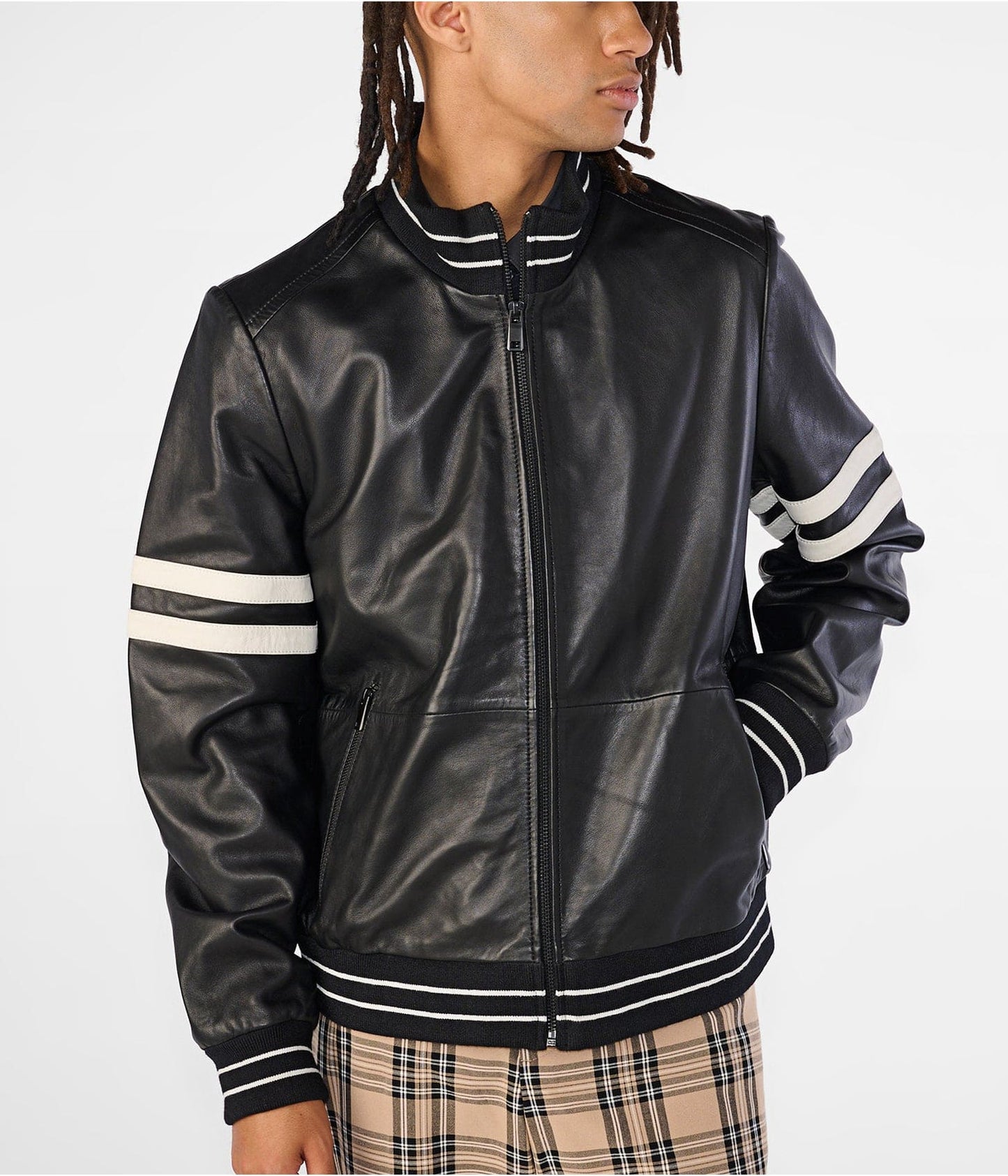 Men's Leather Bomber Jacket In Black With Stripes