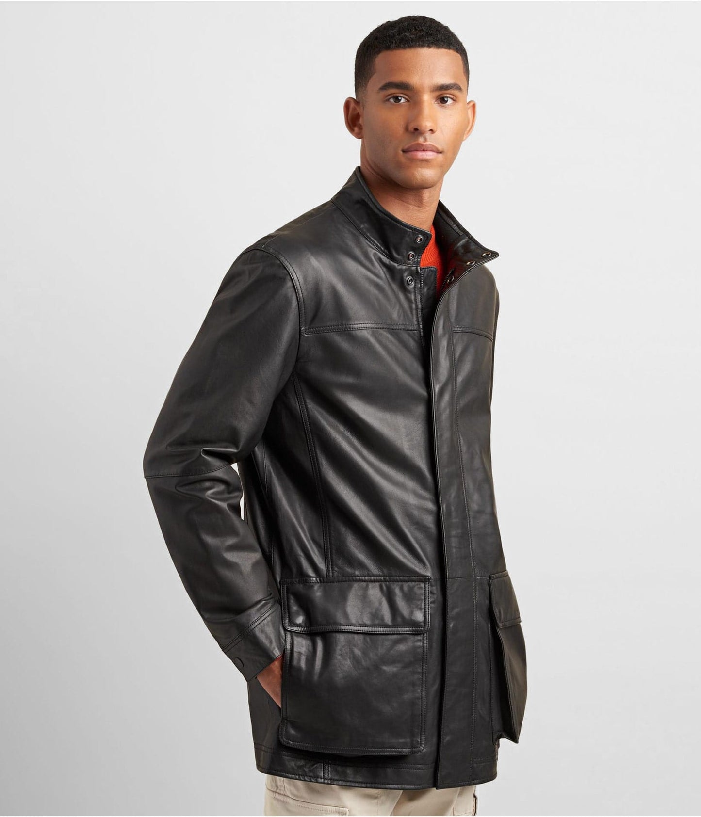 Men's Leather Coat In Black With Patch Pockets