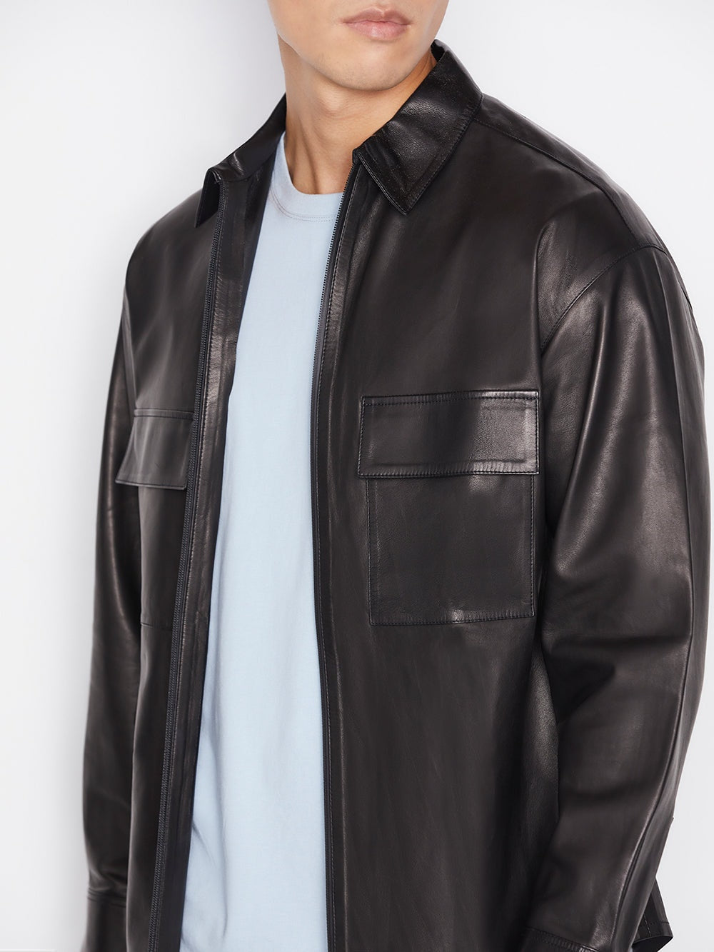 Men's Long Sleeve Leather Shirt In Black