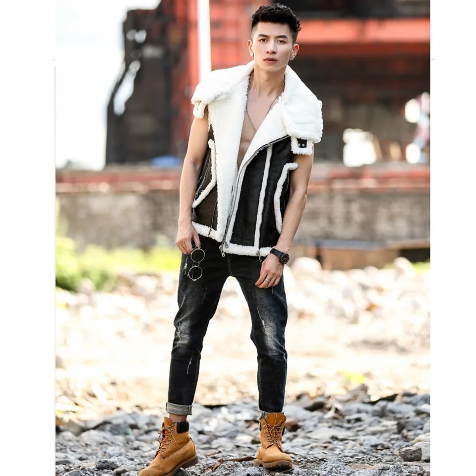 Men's Shearling Leather Jacket In Black With Crackle Texture