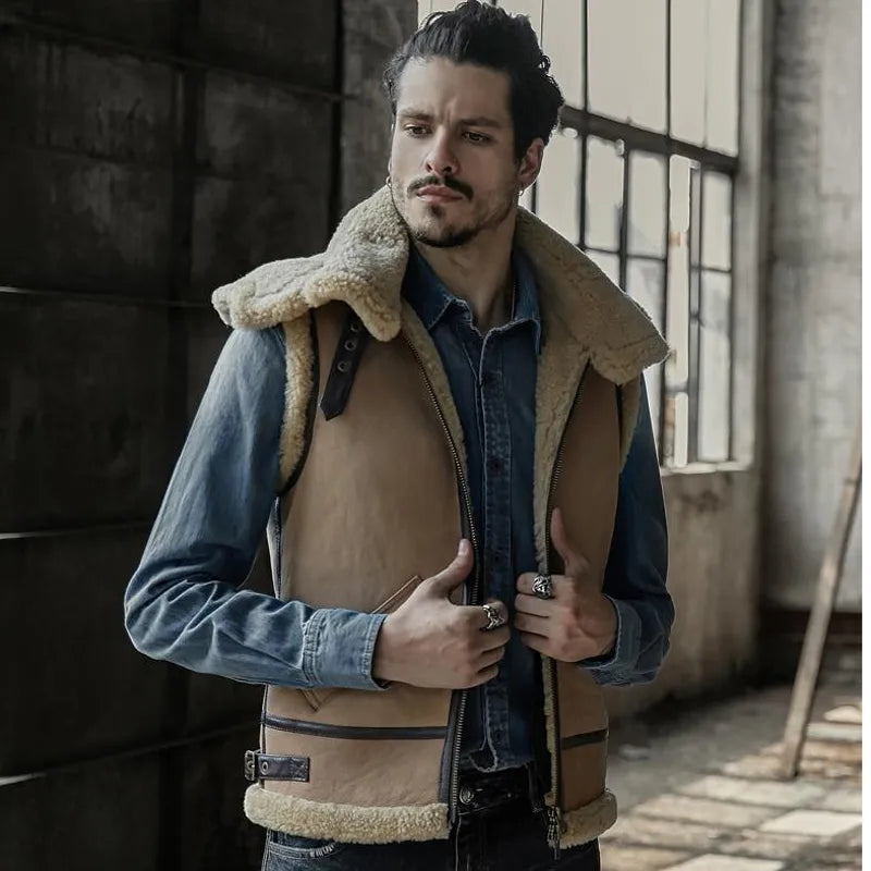 Men's Shearling Leather Vest In Beige With Removable Hood