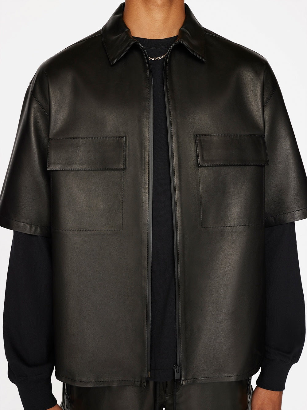 Men's Short Sleeve Leather Shirt In Black