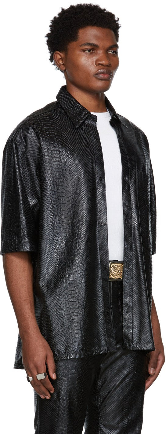 Men's Snake Print Leather Shirt In Black