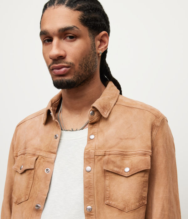 Men's Suede Leather Shirt In Beige Brown