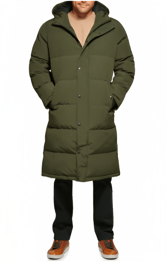 Men's Trench Puffer Coat In Khaki With Hood