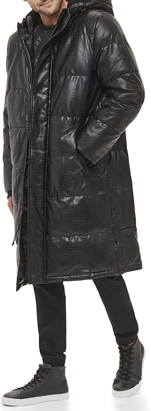 Men's Trench Puffer Leather Coat In Black With Snakeskin Texture